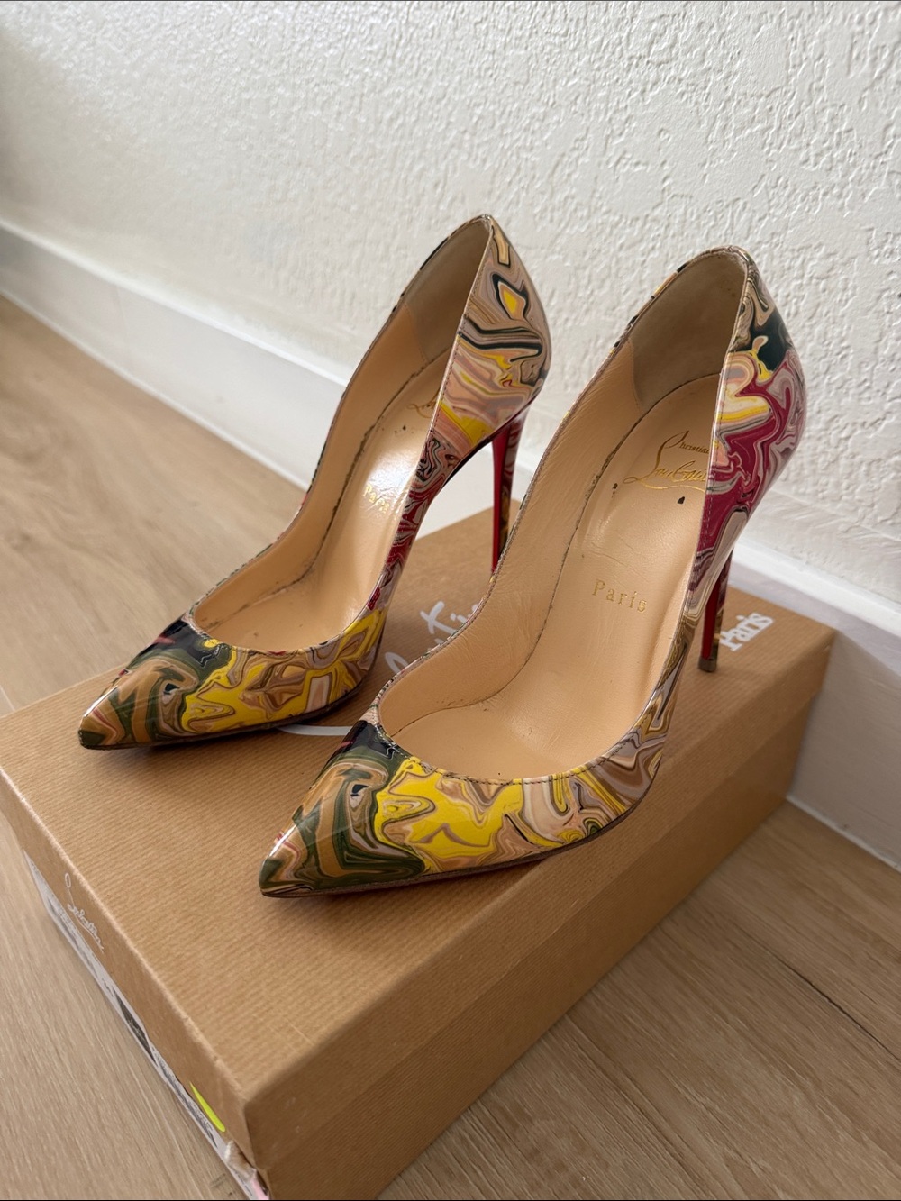 Christian Louboutin Marble Swirl Patent Leather Pumps in Yellow, Pink, Green